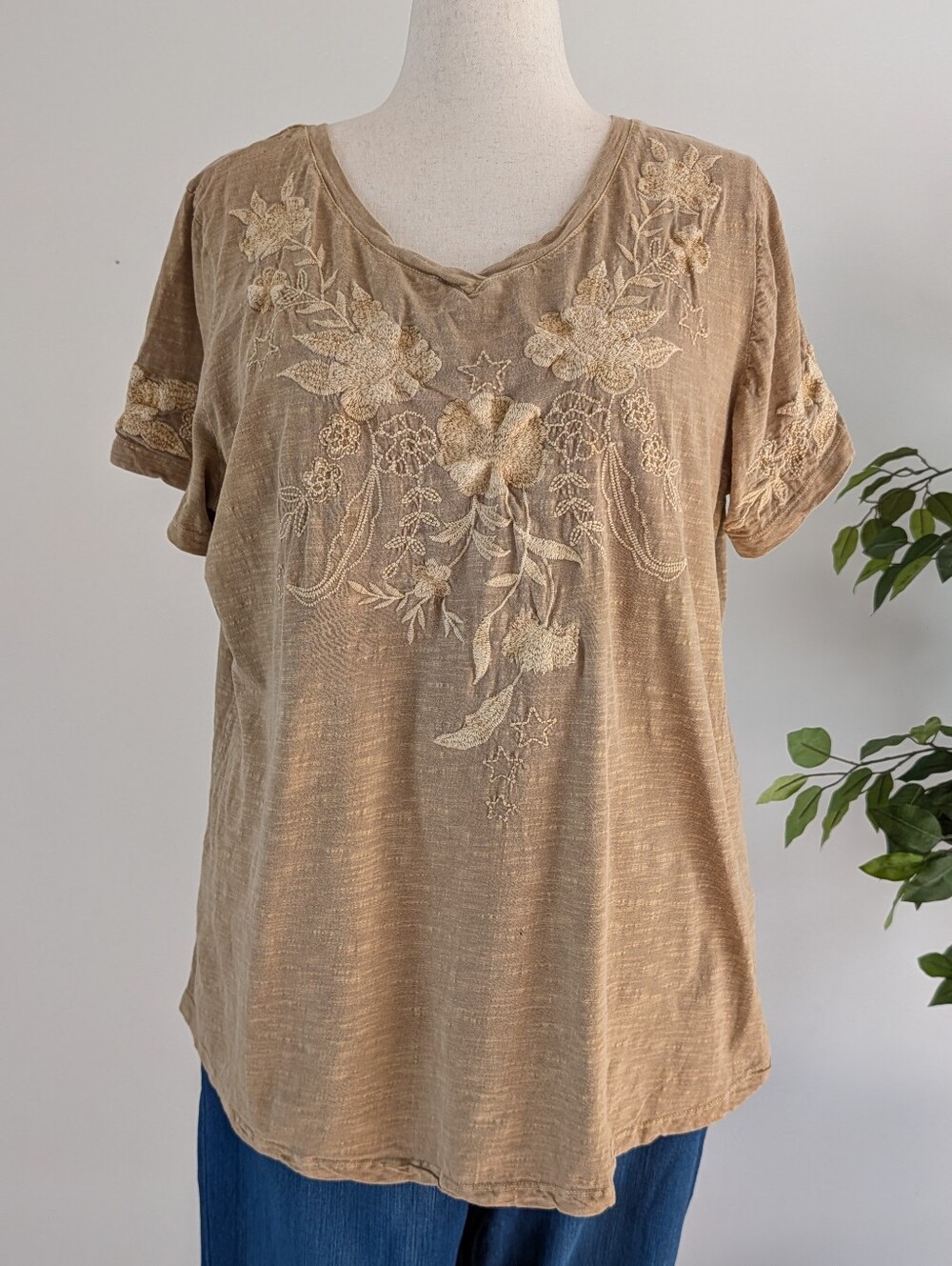 Caite Floral Embroidered Cotton Tee Shirt - 1X